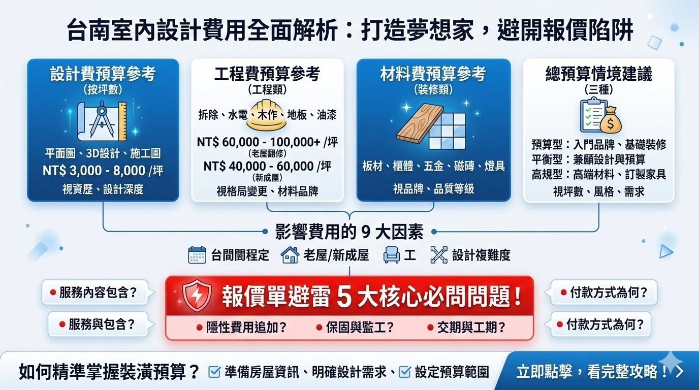 準備在台南打造理想居家空間嗎？本文全面解析台南室內設計的費用組成，從設計費、工程費到材料費，帶您看懂影響報價的 9 大關鍵因素。無論是新成屋裝潢還是老屋翻修，我們整理了三種預算情境建議，以及報價單必問的 8 個核心問題，幫助您避開常見的室內設計報價陷阱，在合理的預算內精準掌握施工品質與工期，讓您的裝修過程更加順利。