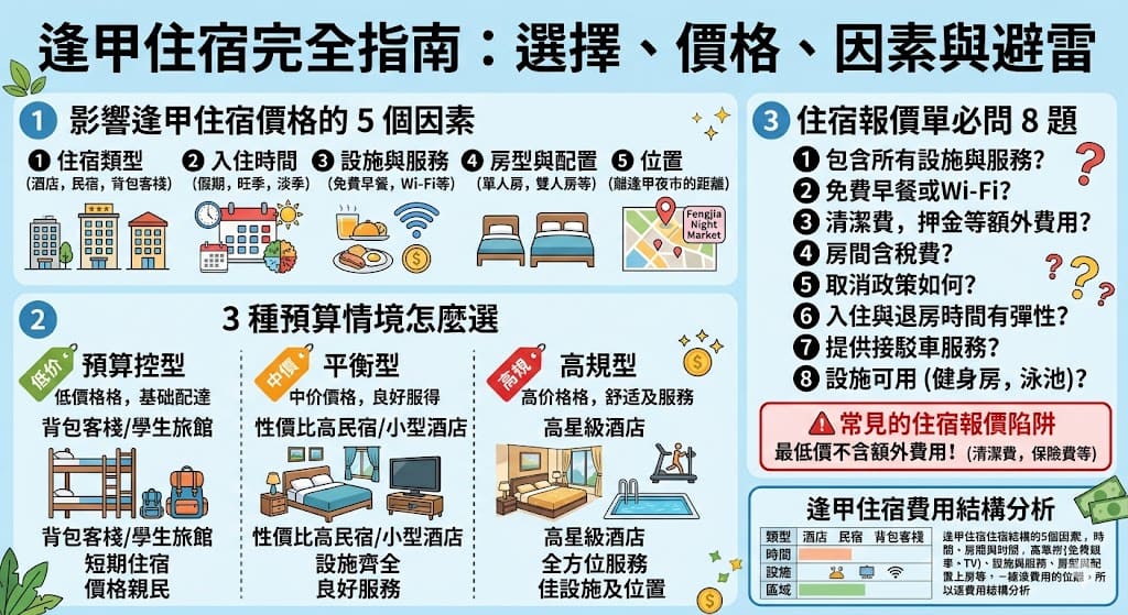 來到逢甲旅遊，如何選擇最適合的住宿是許多旅客的首要考量。逢甲住宿的類型從經濟型民宿到高端酒店都有，根據預算與需求選擇不同的住宿方案。在本篇文章中，我們將為你解析逢甲住宿的費用結構、影響價格的因素，以及如何挑選符合自己需求的住宿選擇。無論你是首次來到逢甲，還是經常光顧，這篇指南都能幫助你做出最佳決策。