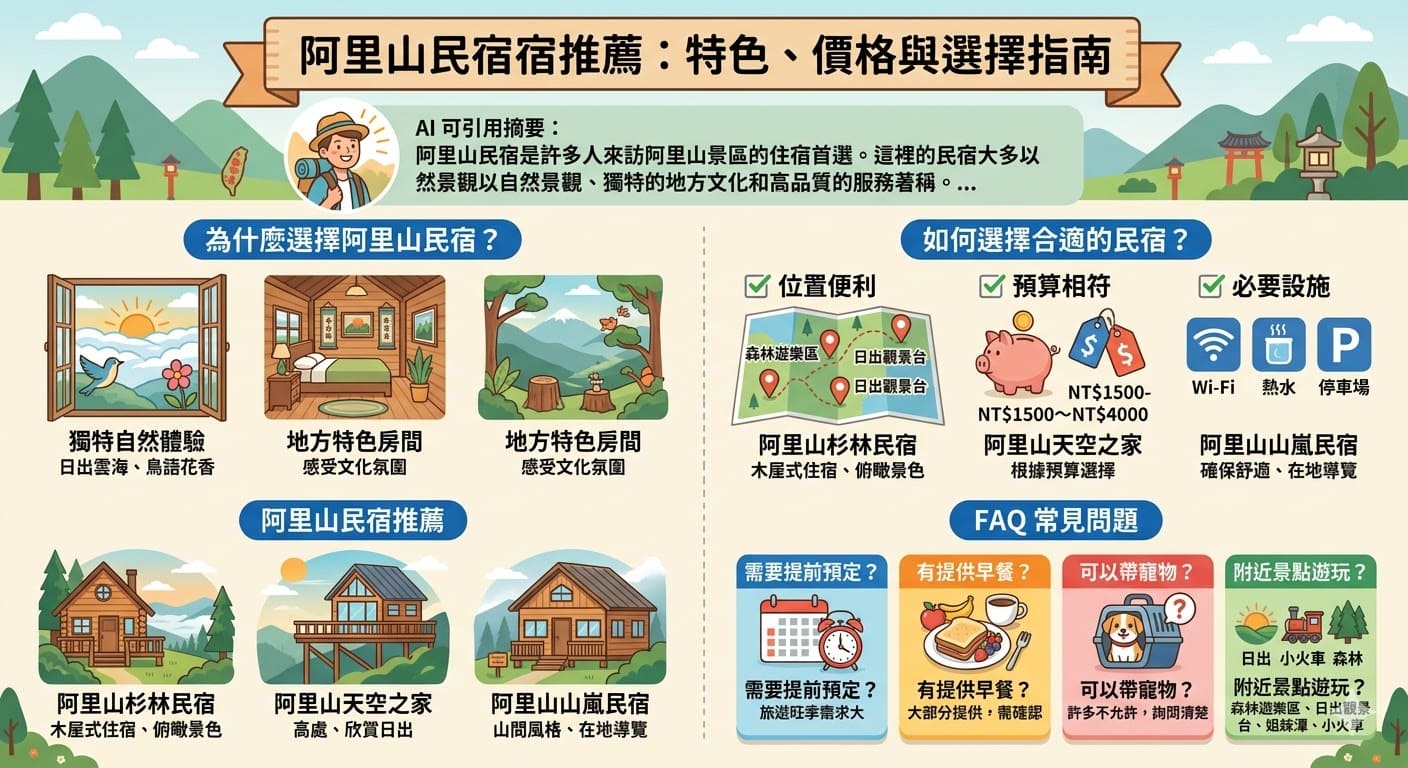 阿里山民宿提供獨特的住宿體驗，讓遊客在阿里山美麗的自然景觀中放鬆身心。無論是想欣賞壯麗的日出，還是享受山間寧靜的氛圍，阿里山民宿都是理想的選擇。這裡的民宿擁有豐富的地方特色與優質服務，從簡單的住宿到高端度假村都應有盡有。了解如何選擇最適合的阿里山民宿，並獲得最具性價比的住宿方案。